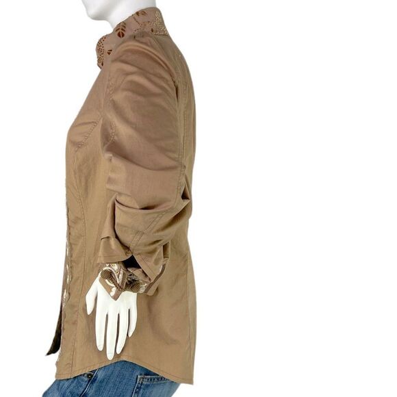 Roberto Cavalli Place Tan Floral Beaned Embroidered Shirt w/ Mandarin Collar 12 - Picture 8 of 16